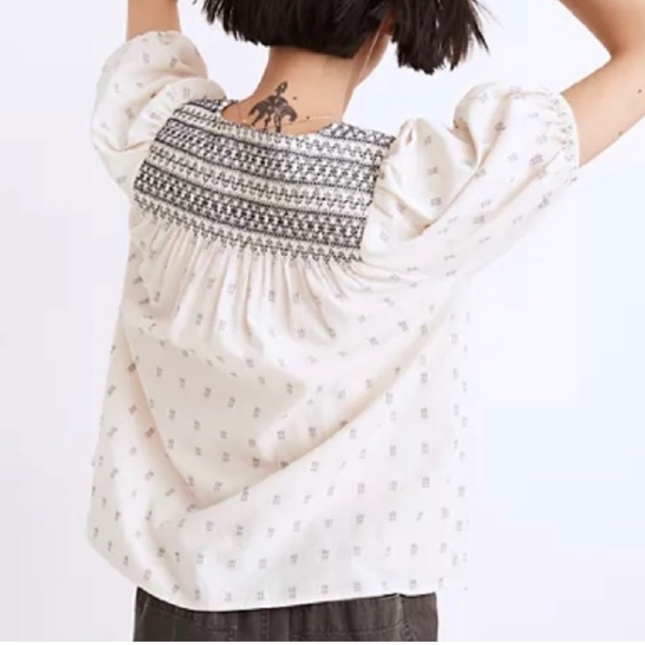 EUC Madewell Embroidered Yoke Top in clip dot Blouse V-Neck Size Large - Picture 3 of 12